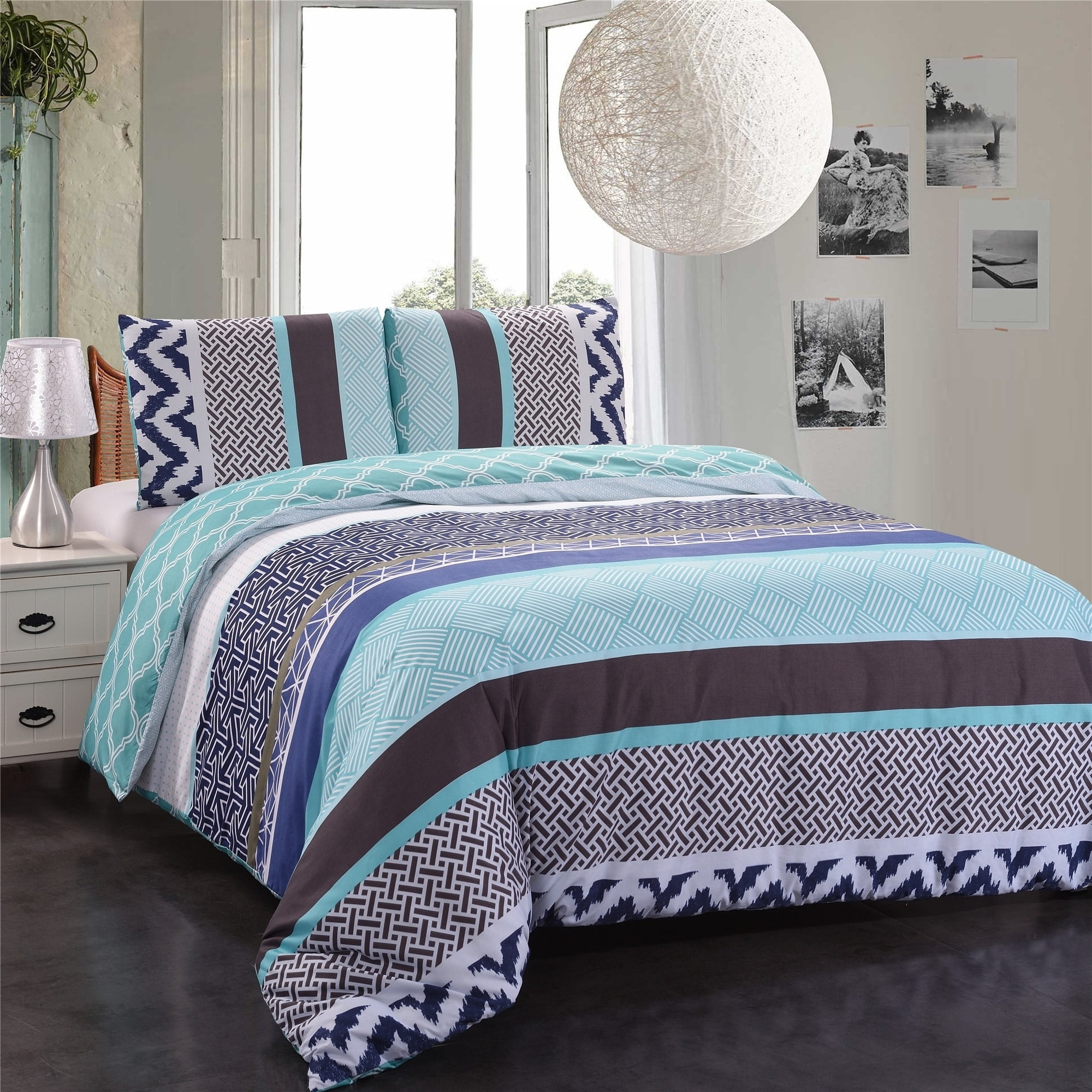 Unbranded 3-piece Reversible Duvet Cover Set Geometric Strip Pattern Blue Brown Queen
