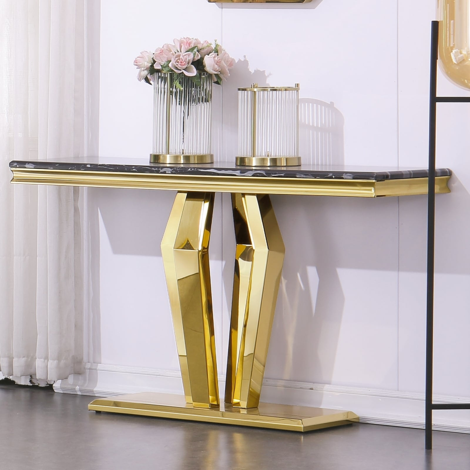Unbranded Luxury Rectangular Sofa Console Table Modern Living Room Entryway Table with Mirrored Gold Geometric Base Gold