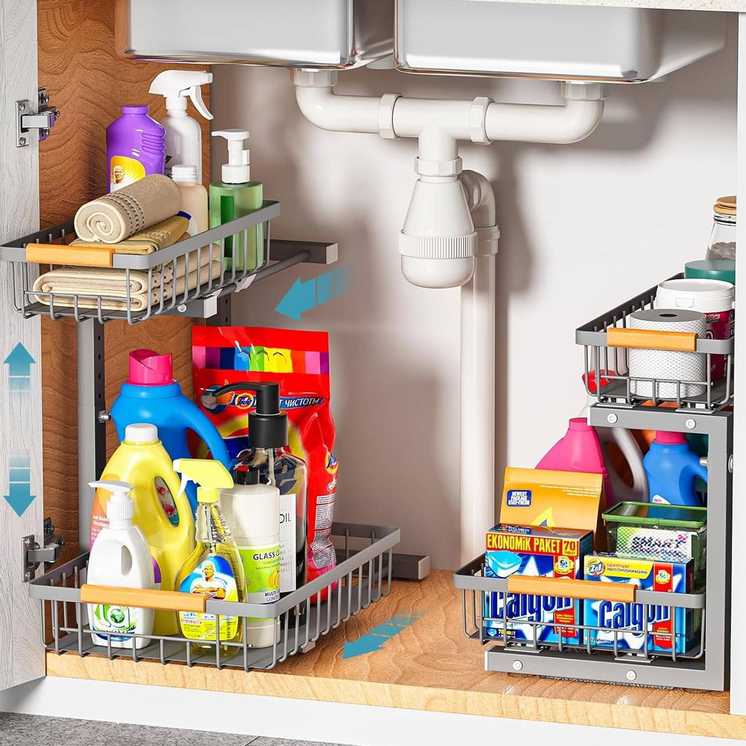 Under Sink Organizer Storage 2 Pack, 2 Tier Slide Out Height Adjustable Pull Out Cabinet Organizer Drawer for Kitchen Bathroom Large Under Sink Shelf Rack Caddy for Pantry, Grey