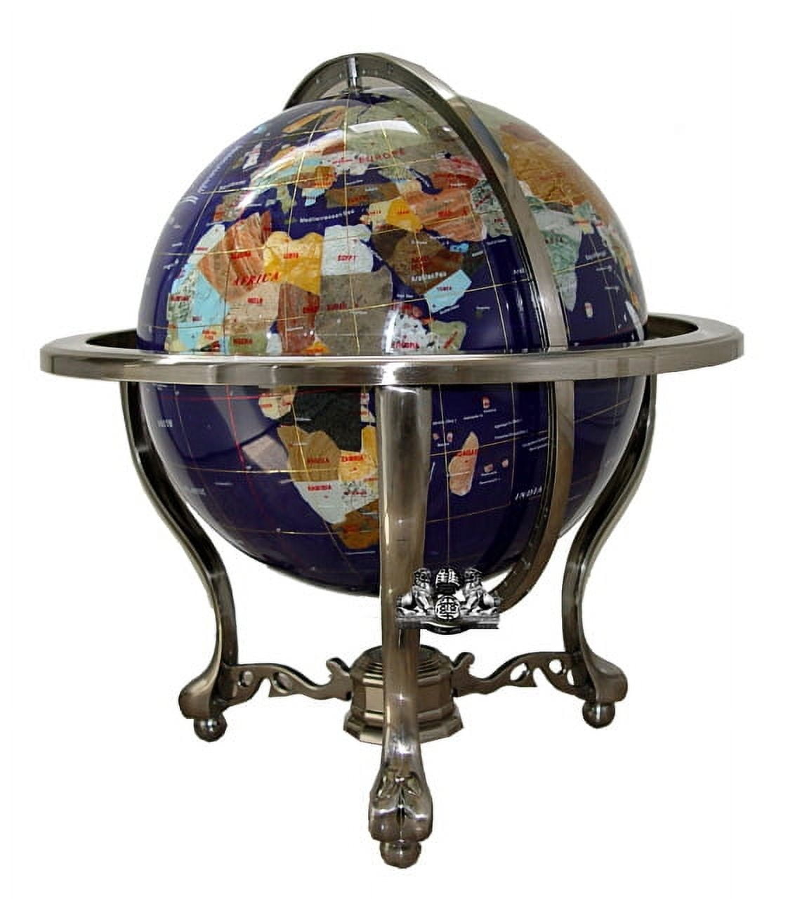 Unique Art 21-Inch Tall Blue Lapis Ocean Table Top Gemstone World Globe with Tripod Silver Stand w 50 US ST Stones
