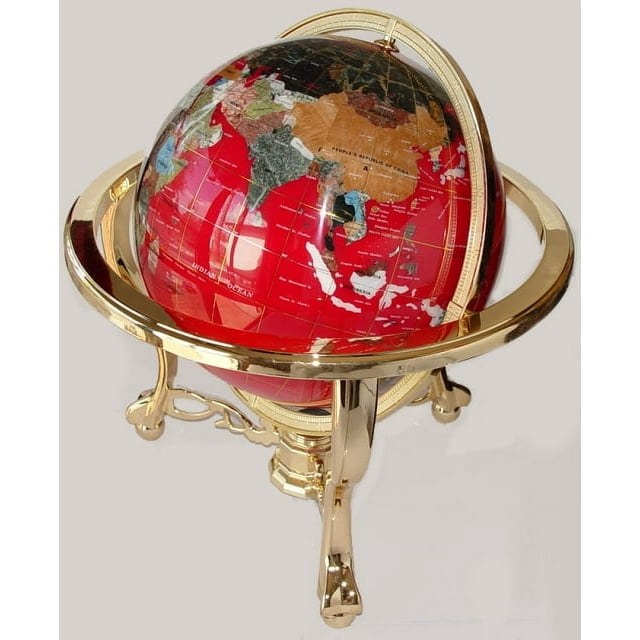 Unique Art 21-Inch Tall Red Ocean Table Top Gemstone World Globe with Gold Tripod