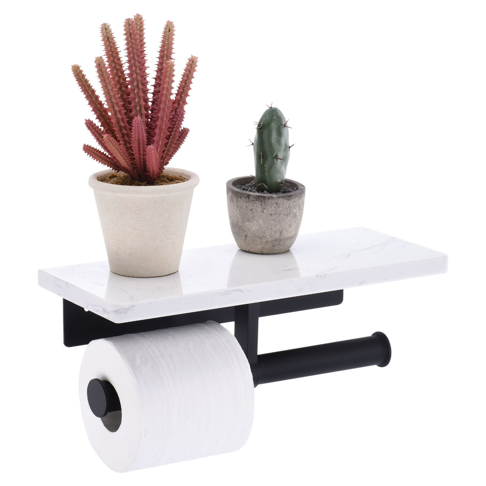 Unique Bargains Toilet Paper Holder with Marble Shelf Modern Design for Bathroom Black