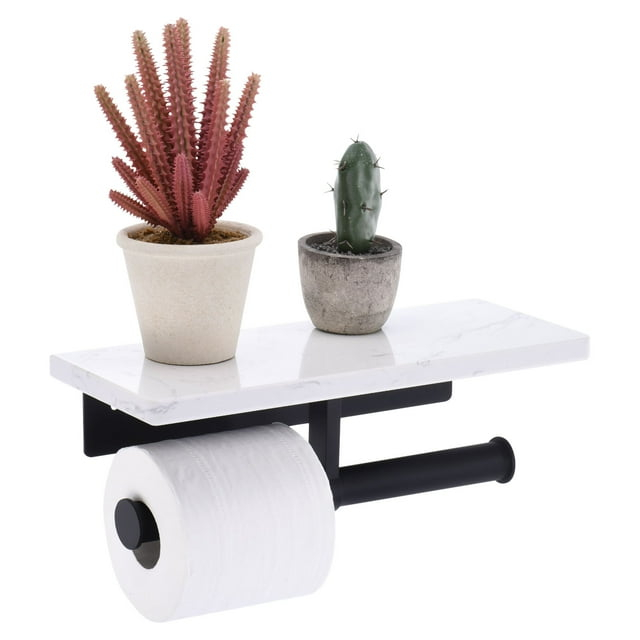 Unique Bargains Toilet Paper Holder with Marble Shelf Modern Design for Bathroom Black