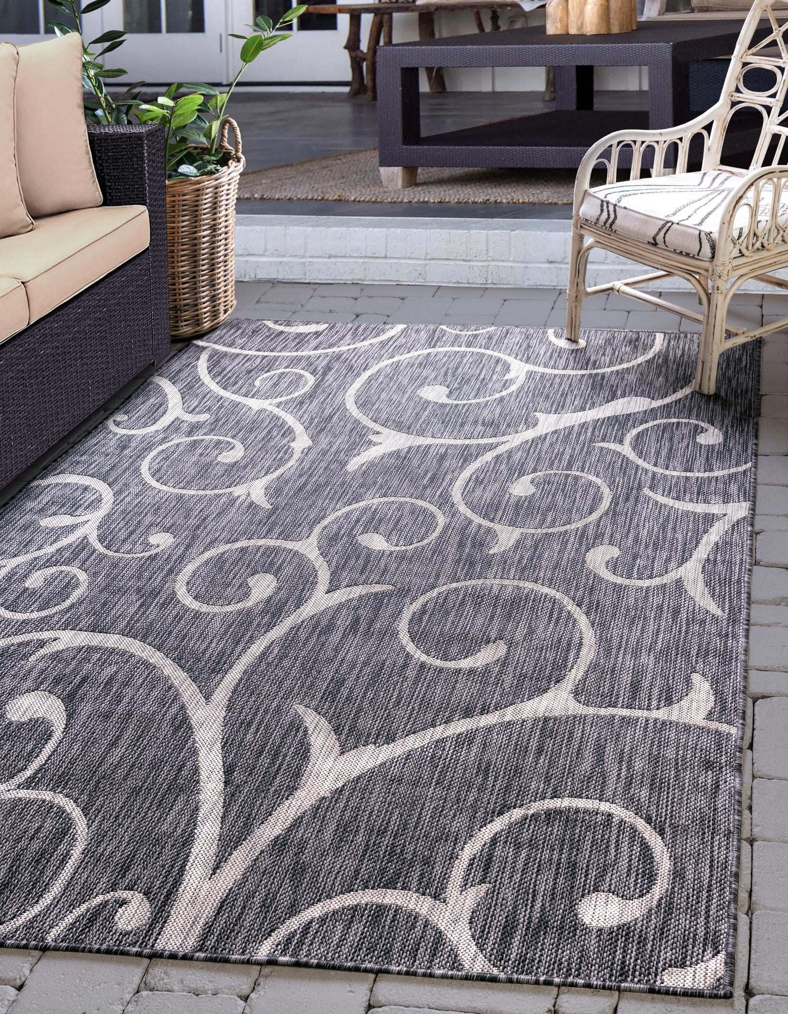 Unique Loom Outdoor Botanical Collection Area Rug - Curl (4' 1" x 6' 1" Rectangle Charcoal Gray/Gray)
