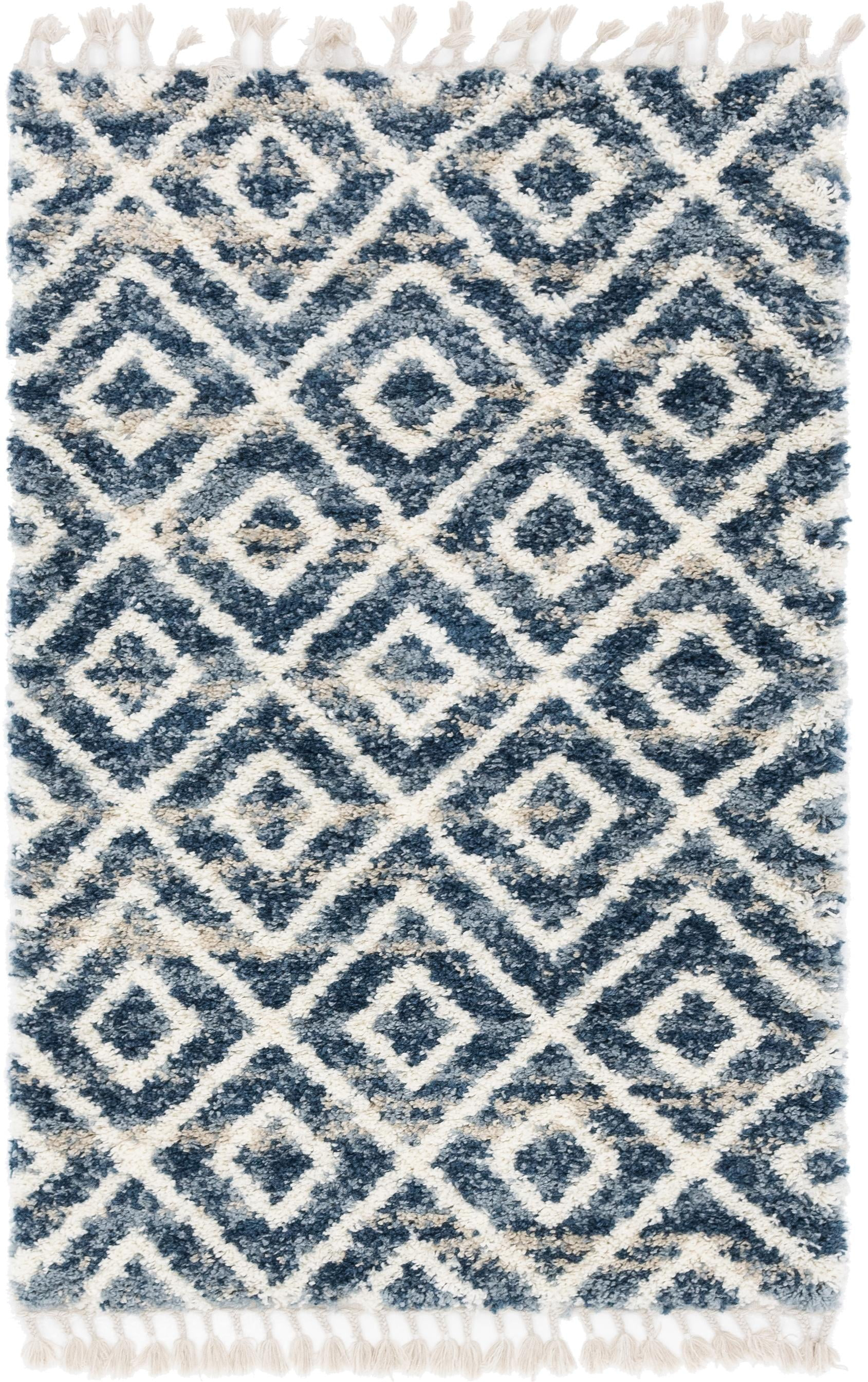 Unique Loom Hygge Shag Collection Area Rug - Diamond (4' 1" x 6' 1" Rectangle Blue/Beige)