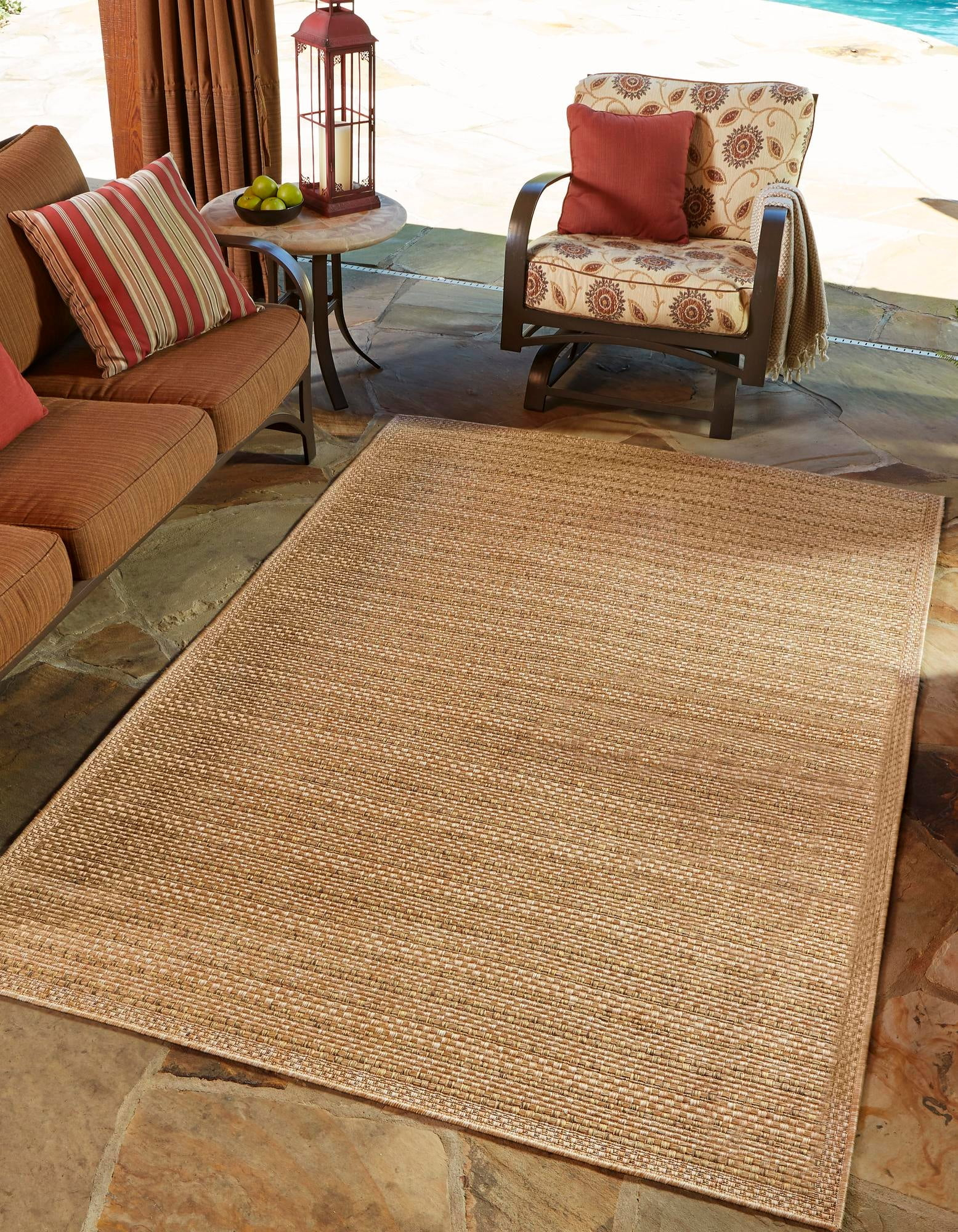 Unique Loom Outdoor Border Collection Area Rug - Checkered (2' 2" x 3' 1" Rectangle Light Brown)