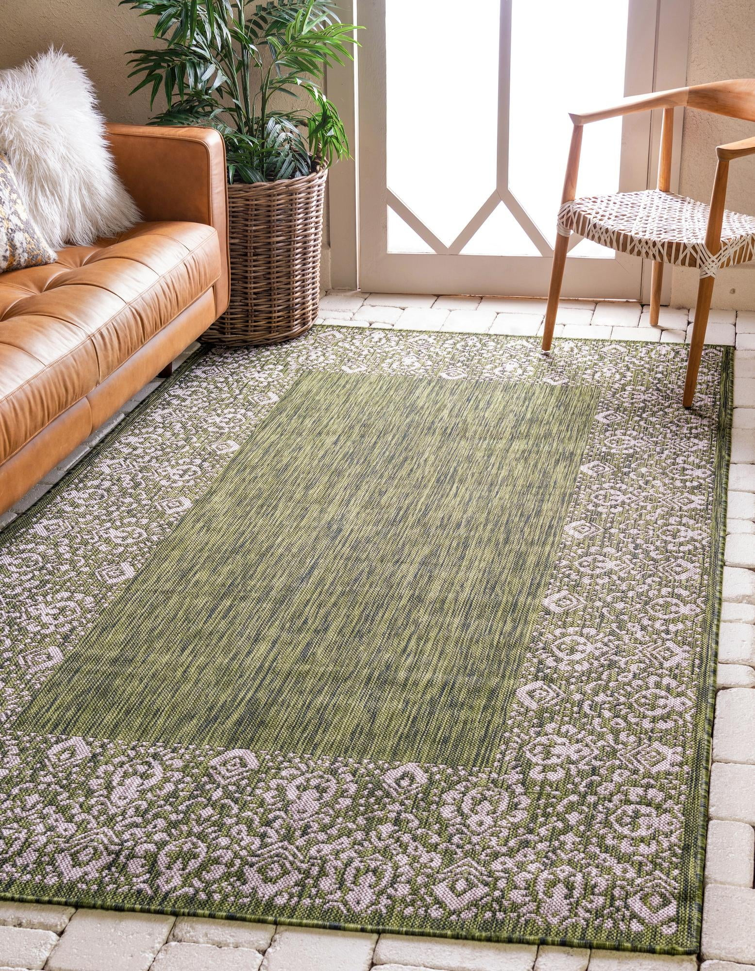 Unique Loom Outdoor Border Collection Area Rug - Floral Border (7' 1" x 10' Rectangle Green/Ivory)