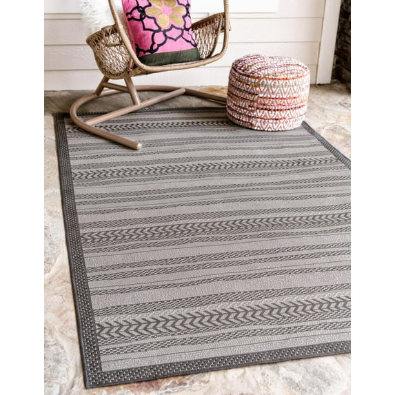 Unique Loom Outdoor Border Collection Area Rug - Lines (3' 3" x 5' 1" Rectangle Gray/Silver)