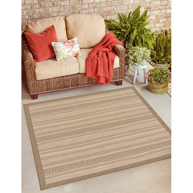 Unique Loom Outdoor Border Collection Area Rug - Lines (6' 1" Square Beige/Brown)