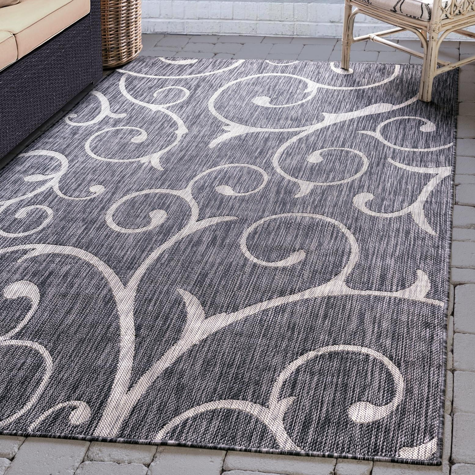 Unique Loom Outdoor Botanical Collection Area Rug - Curl (4' 1" x 6' 1" Rectangle Charcoal Gray/Gray)