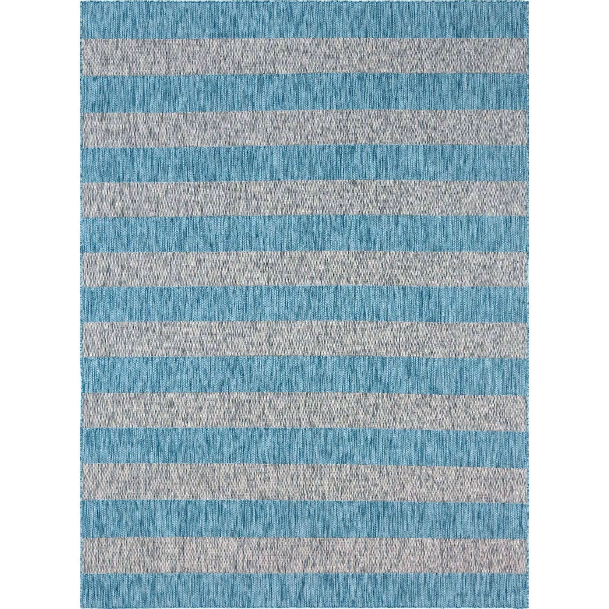 Unique Loom Outdoor Striped Collection Area Rug - Distressed Stripe (9' x 12' Rectangle Light Aqua/Gray)