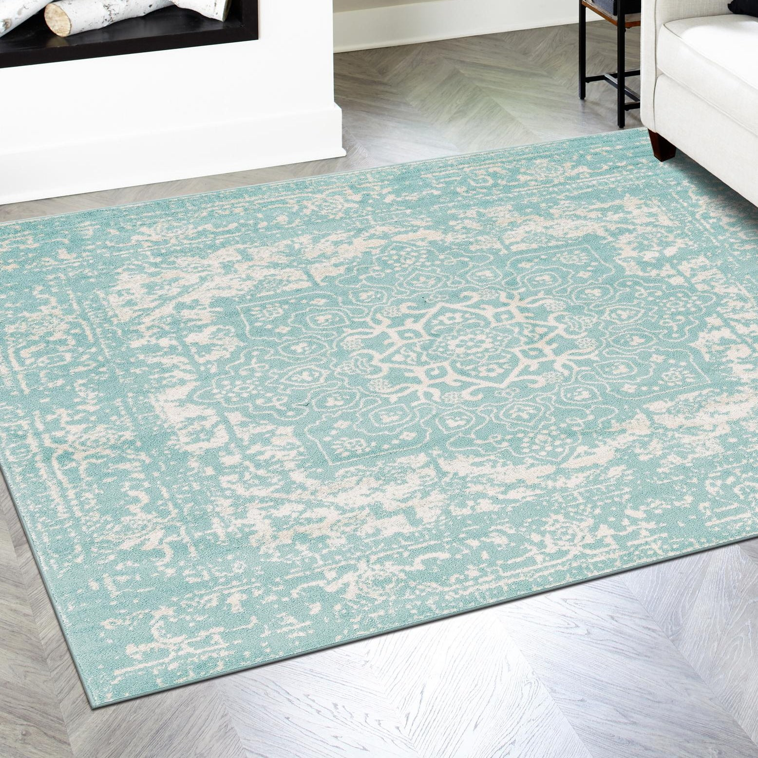 Unique Loom Richmond Collection Area Rug - Medallion (5' 2" Square Aqua/Ivory)