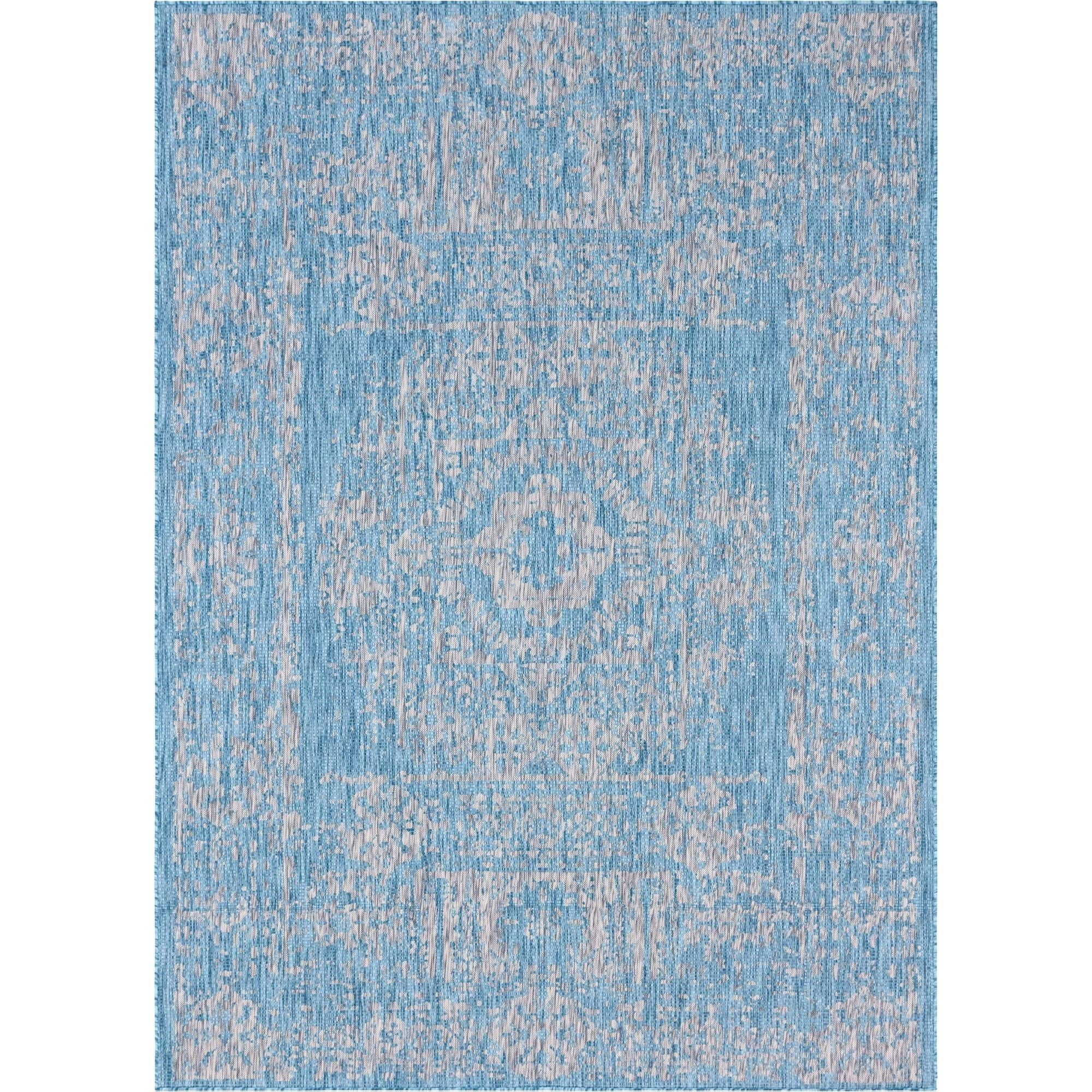 Unique Loom Outdoor Traditional Collection Area Rug - Timeworn (7' 10" x 11' Rectangle Light Aqua/Gray)