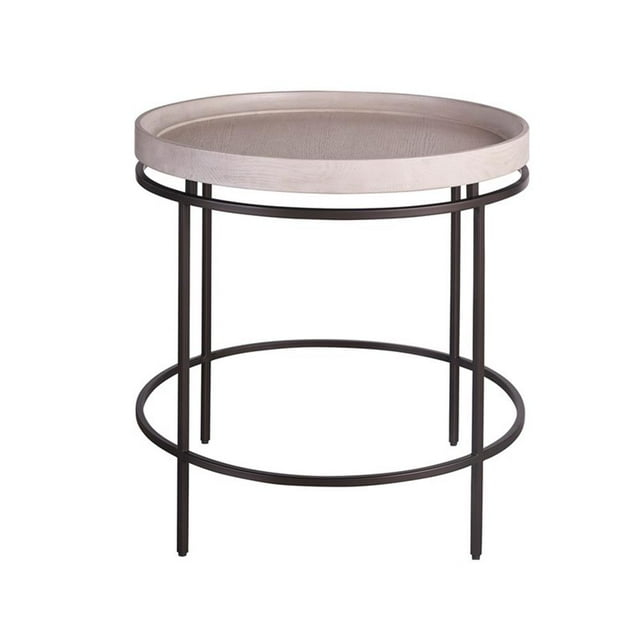 Universal Coalesce Round Accent Table in Gray Oak Wood with Black Metal Base