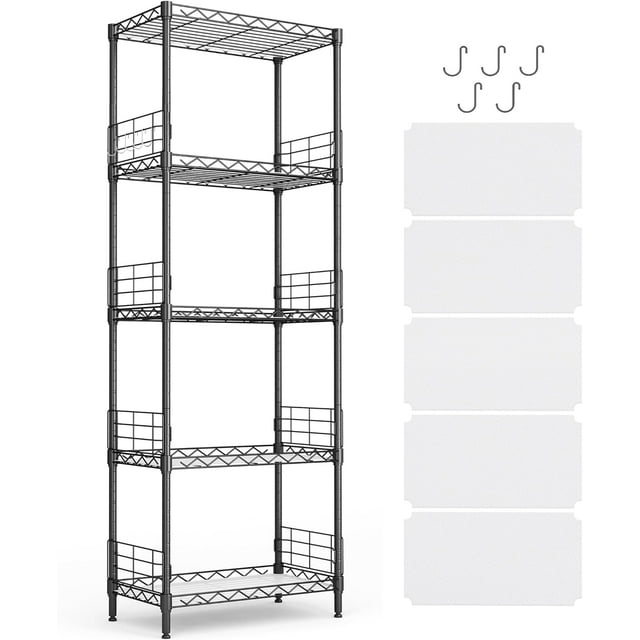 LINSY HOME Pantry Storage Shelves, 5-Tier Adjustable Heavy Duty Metal Storage Shelf, 59" Tall Standing Shelf, Upgrade Steel Wire Rack Organizer for Kitchen, Bathroom, Garage, Living Room, Black