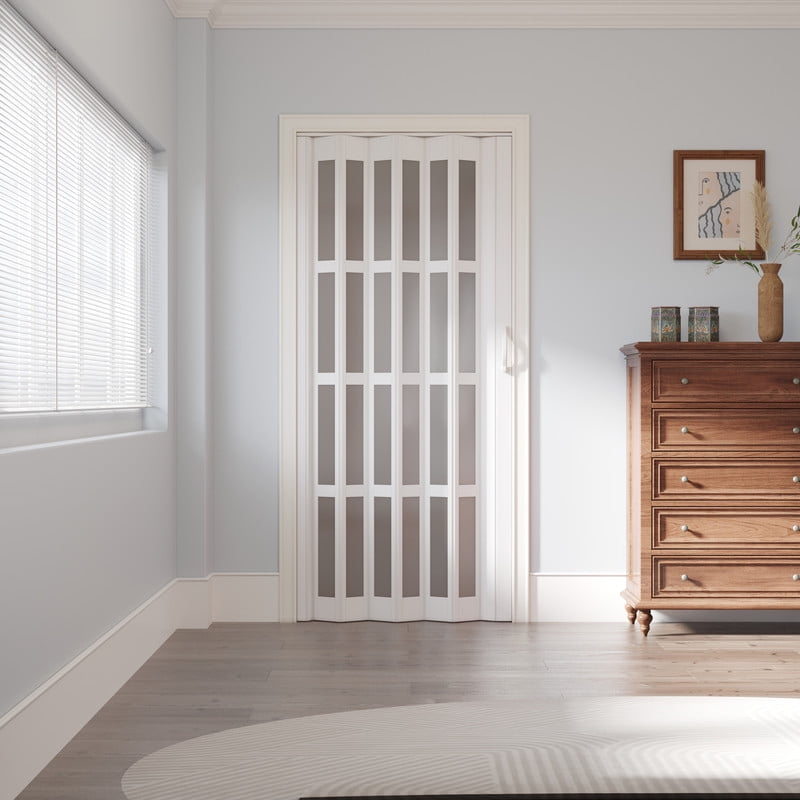 Upgrade Dual Layer Vinyl Accordion Door with Handles and Magnetic Door Lock, 4-Lite Frosted Acrylic Glass, White