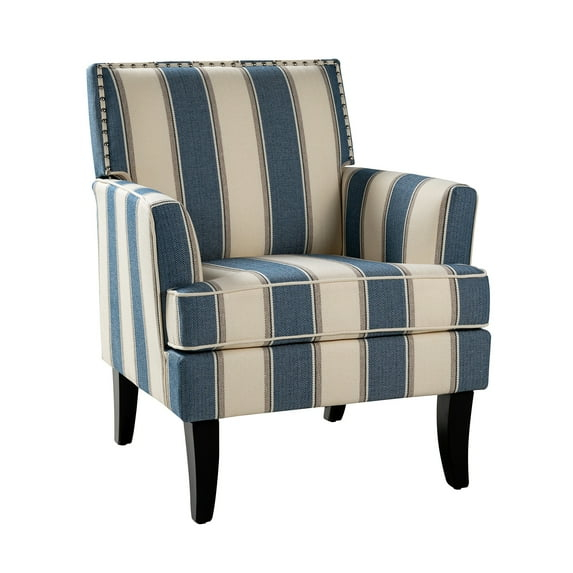 Upholstery Accent Chair Armchair Sofa Couch Lounge Seat Wood Black Legs Nailhead Trim Home Living Room Bedroom Stripe Blue