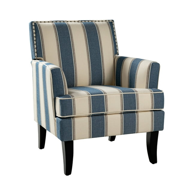 Upholstery Accent Chair Armchair Sofa Couch Lounge Seat Wood Black Legs Nailhead Trim Home Living Room Bedroom Stripe Blue
