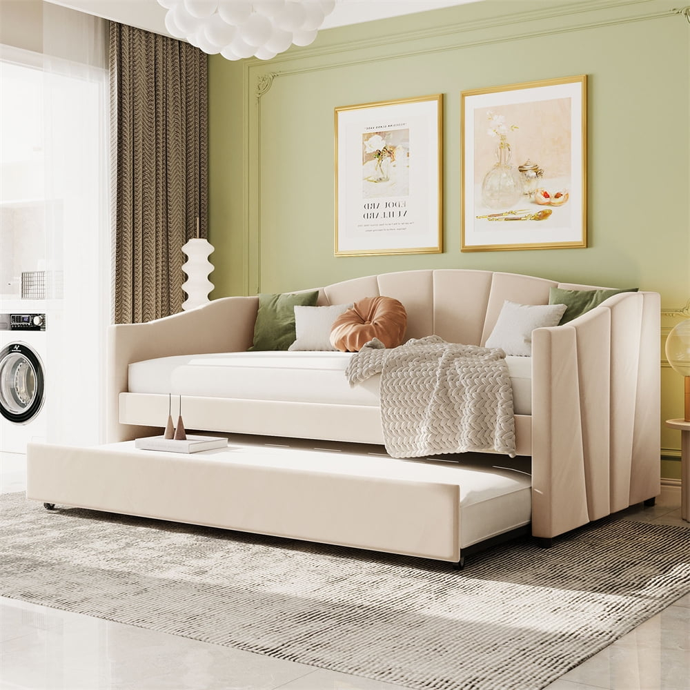 Upholstered Daybed with Trundle, Modern Twin Size Tufted Velvet Upholstered Daybed Frame with Wood Slat Support, Dual-use Platform Bed Sofa Bed with Wingback and Armrests for Living Room Bedroom Beige