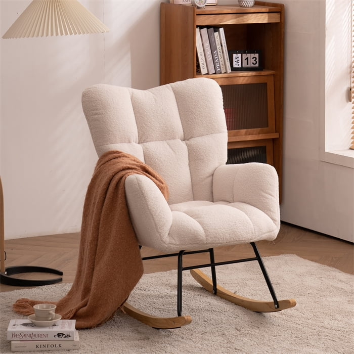 Nursery Rocking Chair Teddy, Upholstered Glider Rocker with High Backrest, Comfortable Stylish Accent Armchair with Padded Seat for Living Rooms, Bedrooms, Offices