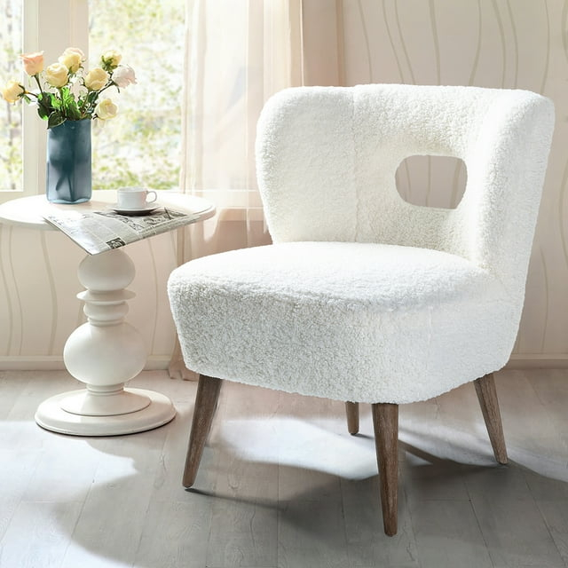 Upholstered Sherpa Barrel Accent Chair White Cutout Back Armless Wooden Legs Home Bedroom Living Room Office Adult Ivory