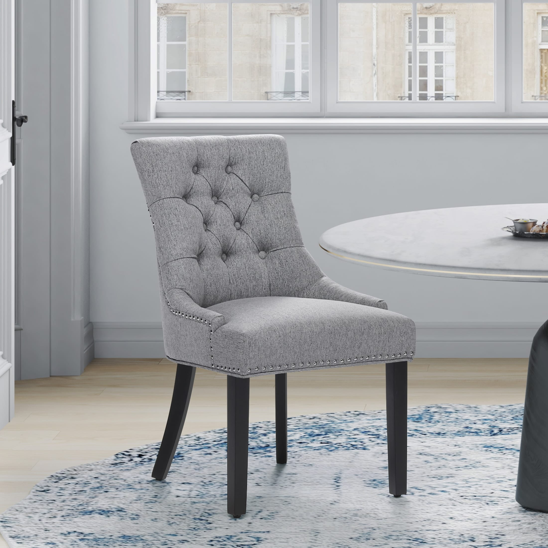 Polytrends Grandview Tufted Upholstered Linen Fabric Dining Chair Sloped Arm Grey Rubberwood, Acacia Nailheads, Tufted Modern & Contemporary, Rustic,