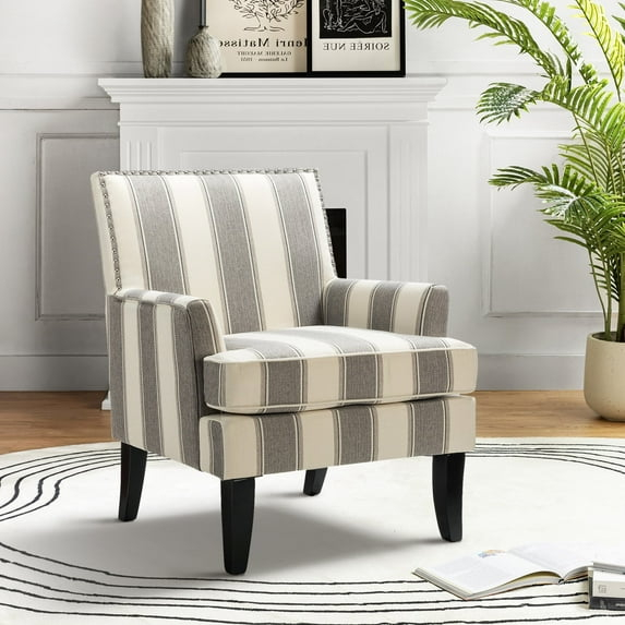 Upholstery Accent Chair Armchair Sofa Couch Wood Black Legs Nailhead Trim Home Living Room Bedroom Adult Strip White Grey