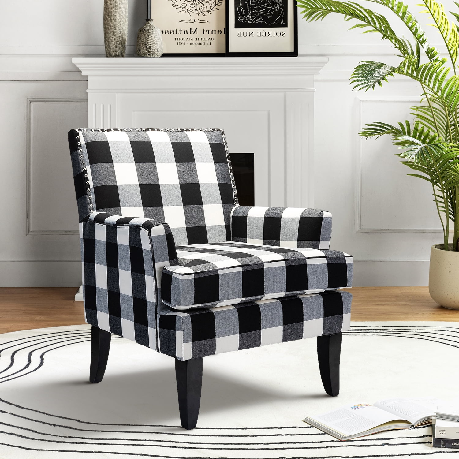 Upholstery Armchair Accent Chair Sofa Couch Wood Legs Nailhead Trim Home Living Room Bedroom Plaid White Black