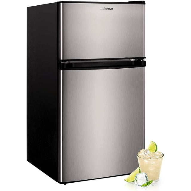 Upstreman 3.2 Cu.ft Mini Fridge with Freezer, Double Door Refrigerator-Classic Stainless