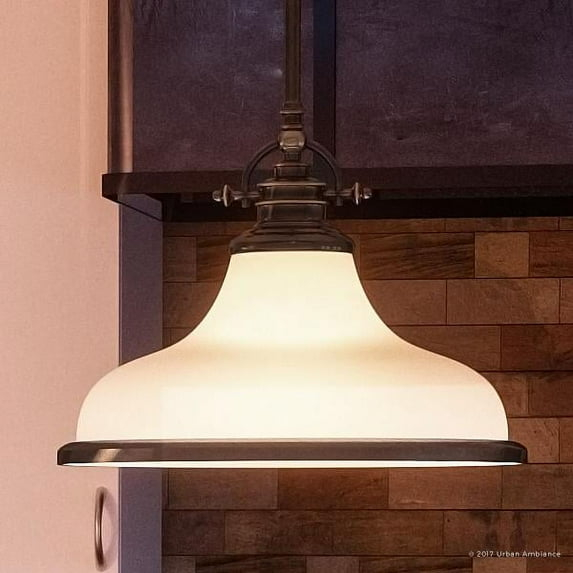 Urban Ambiance Luxury Industrial Hanging Pendant Light, Medium Size: 11.5"H x 13.5"W, with Americana Style Elements, Nostalgic Design, Oil Rubbed Parisian Bronze Finish and Opal Etched Glass, UQL2335