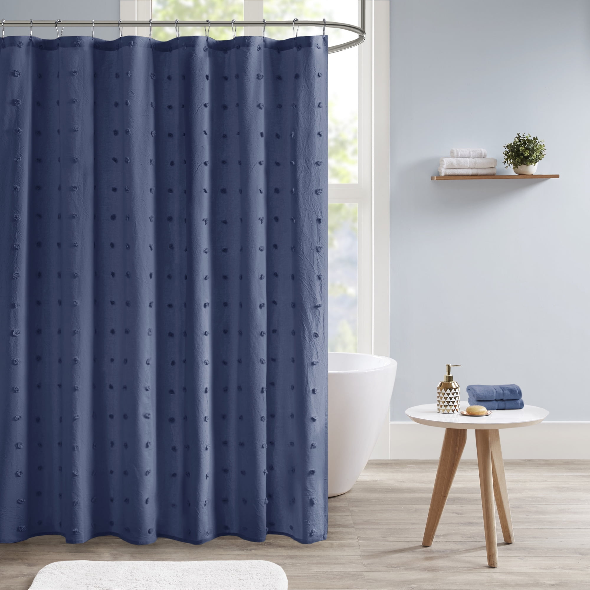 Urban Habitat Brooklyn Cotton Jacquard Pom Pom Shower Curtain in Indigo Blue