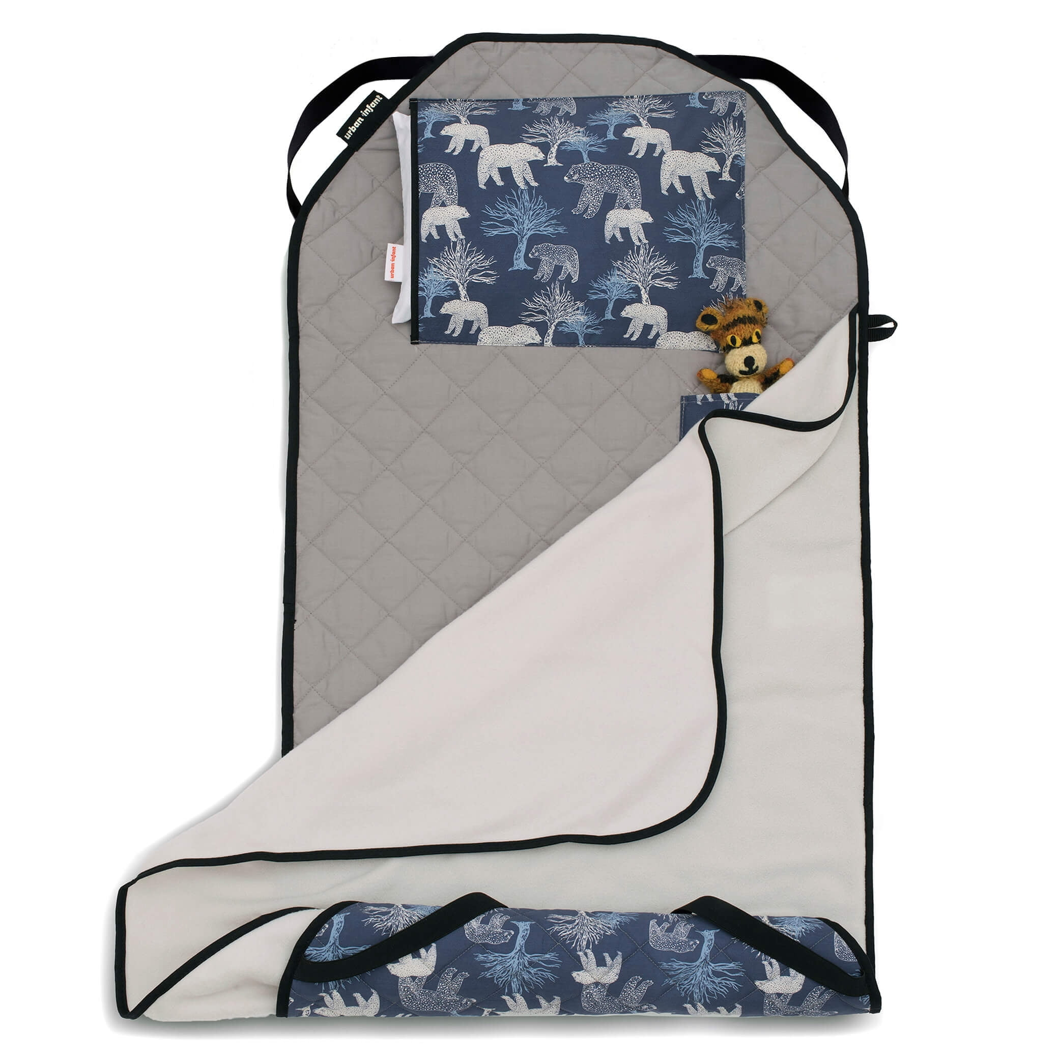 Urban Infant Tot Cot Kids Nap Mat - Toddler Preschool Daycare Modern All-in-One Bedding - Washable Blanket and Pillow  Boys and Girls - Elastic Straps - 52 x 22 Inches - Bears