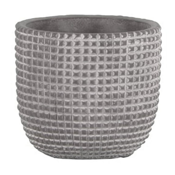 Cement Round Pot with Engraved Square Lattice Tapered Bottom, Natural & Light Gray - Small