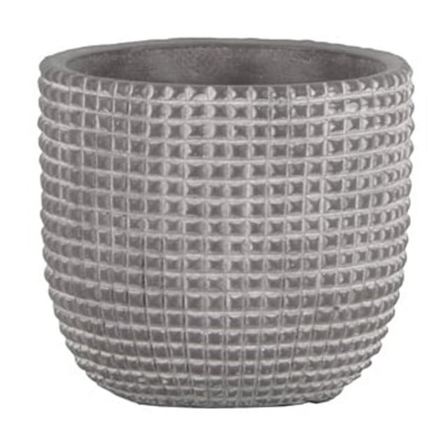 Cement Round Pot with Engraved Square Lattice Tapered Bottom, Natural & Light Gray - Small