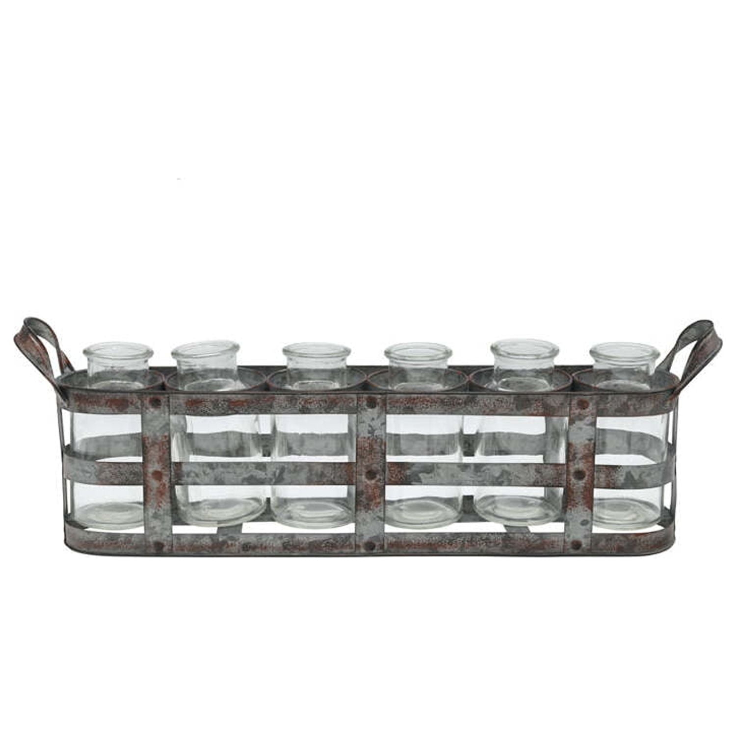 Urban Trends Collection Metal Bud Vase Holder with Side Handles and 6 Clear Round Bottles Tarnished Finish Gray