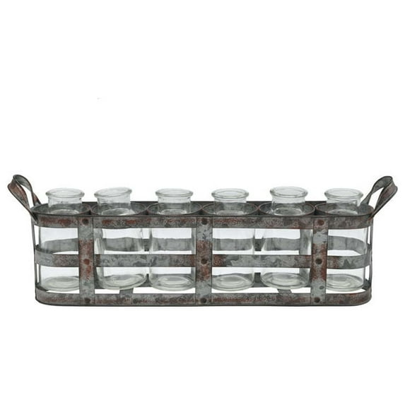 Urban Trends Collection Metal Bud Vase Holder with Side Handles and 6 Clear Round Bottles Tarnished Finish Gray