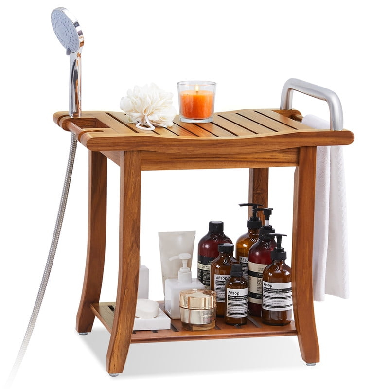 Utopia Alley 20'' Teak Shower Bench with Handle, Large Teak Shower Stool for Bathroom, Waterproof Bathroom Bench - Teak Shower Stool
