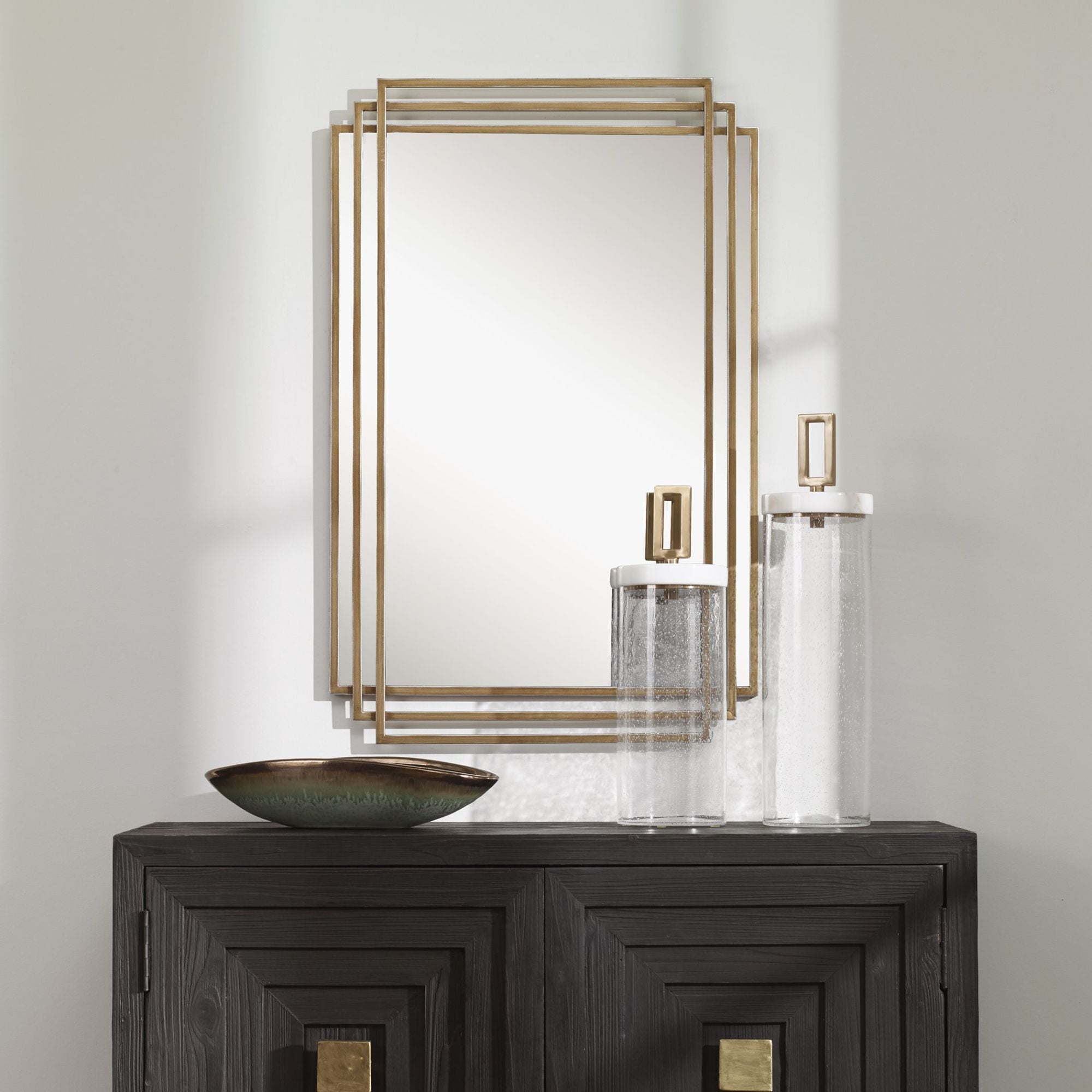 Uttermost Rectangular Vanity Decorative Wall Mirror Modern Distressed Brushed Gold Solid Iron Frame 23 3/4" Wide for Bathroom