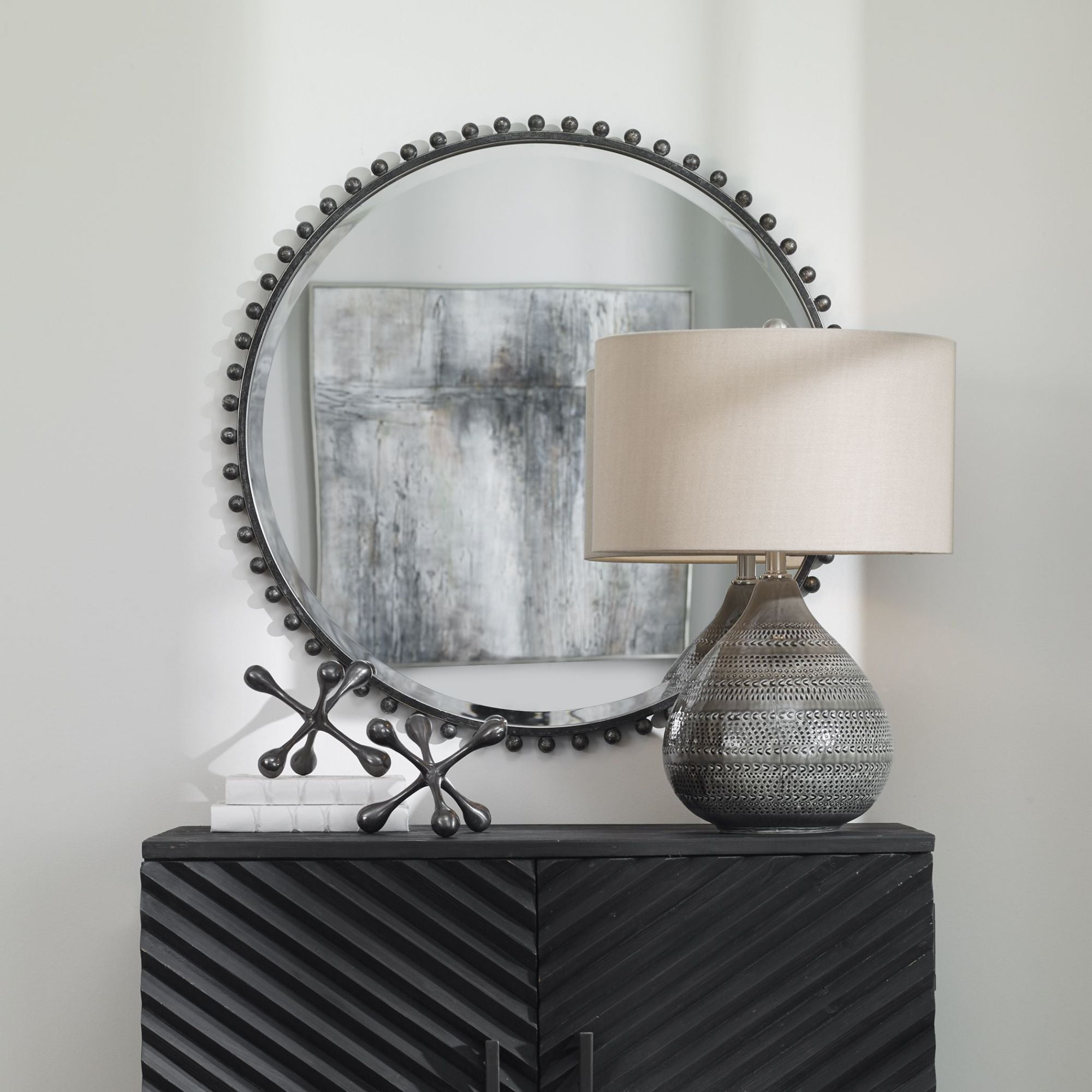 Uttermost Round Vanity Accent Wall Mirror Industrial Beveled Distressed Black Gray Glaze Iron Frame 32" Wide for Bathroom Bedroom