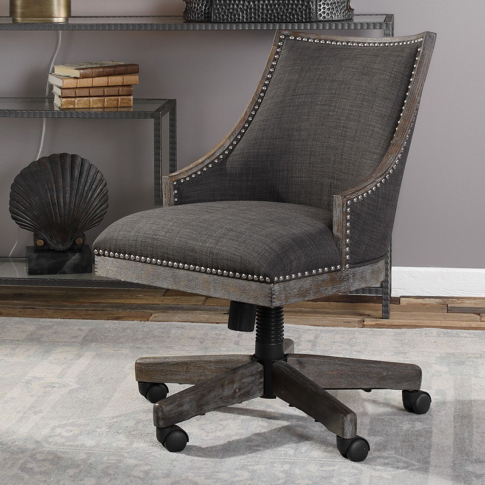 Uttermost Aidrian Metal and Wood Swivel Desk Chair in Nickel and Gray