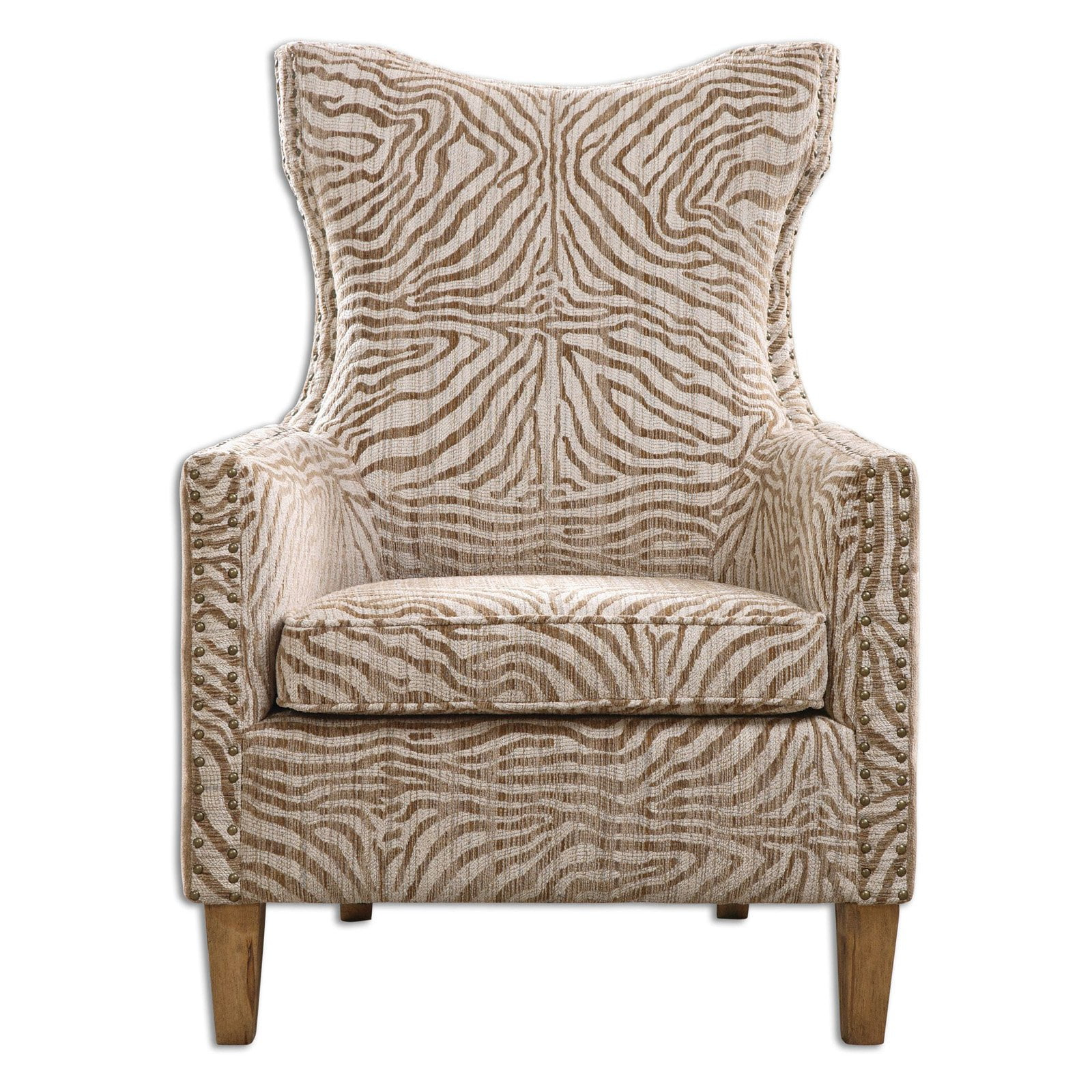 Uttermost Kiango Wood Fabric and Metal Animal Pattern Armchair in Brown/White