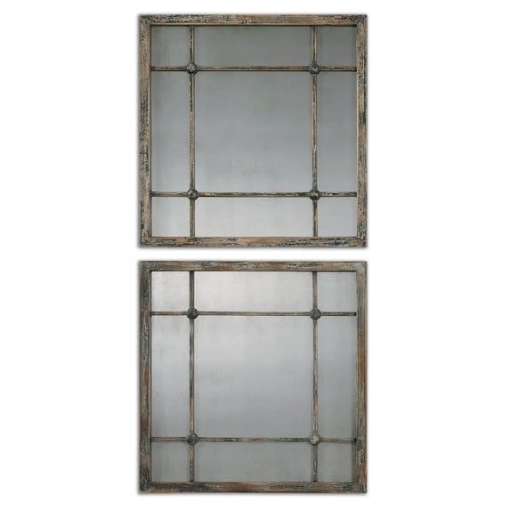 Uttermost Square Vanity Accent Wall Mirrors Set of 2 Rustic Distressed Slate Blue Aged Ivory Frame 19" Wide for Bathroom Bedroom