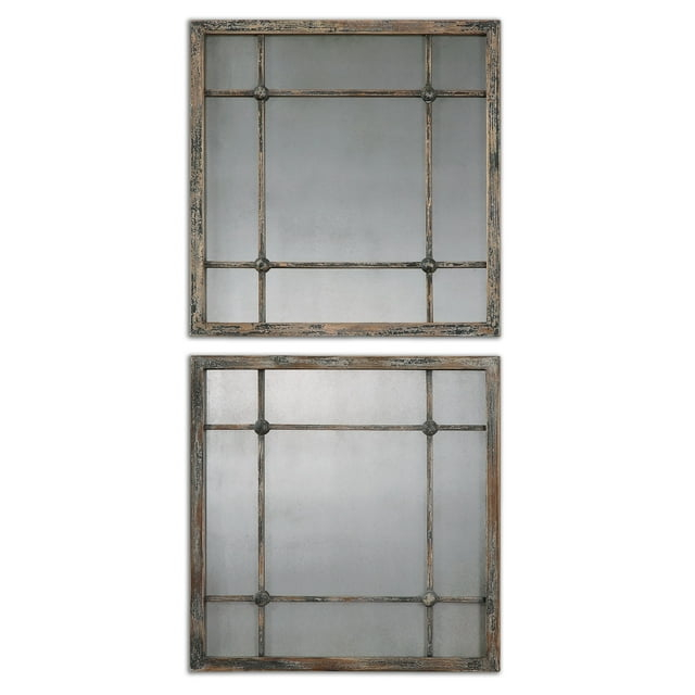 Uttermost Square Vanity Accent Wall Mirrors Set of 2 Rustic Distressed Slate Blue Aged Ivory Frame 19" Wide for Bathroom Bedroom