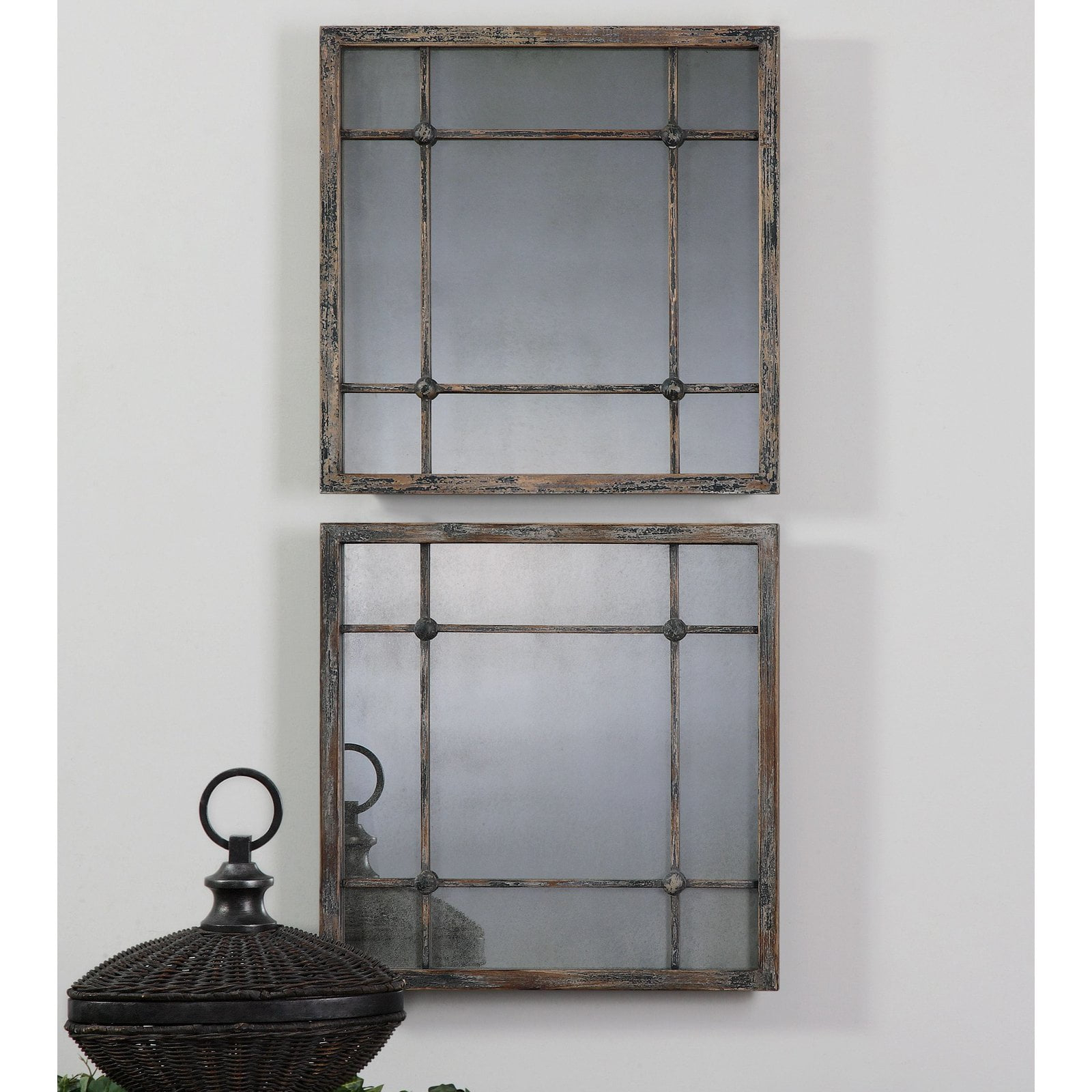Uttermost Square Vanity Accent Wall Mirrors Set of 2 Rustic Distressed Slate Blue Aged Ivory Frame 19" Wide for Bathroom Bedroom
