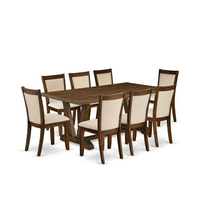 V777MZN32-9- Dinner Table and 8 Light Beige Chairs - Distressed Jacobean Finish