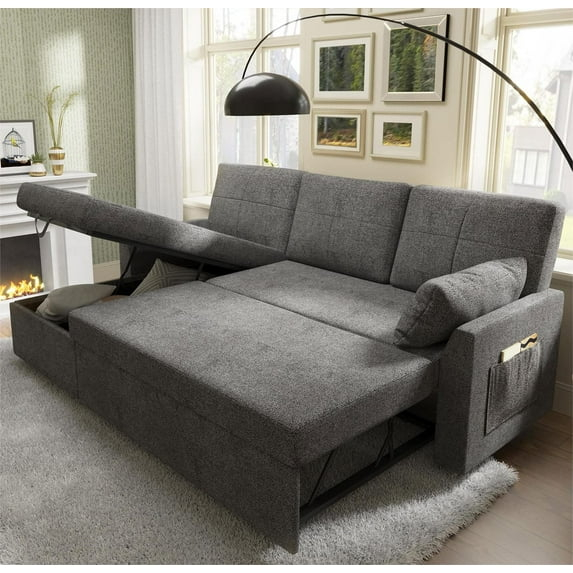 VANACC Sleeper Sofa with Storage Chaise-2 in 1 Pull Out Couch Bed for Living Room, Sectional Couch,Gray