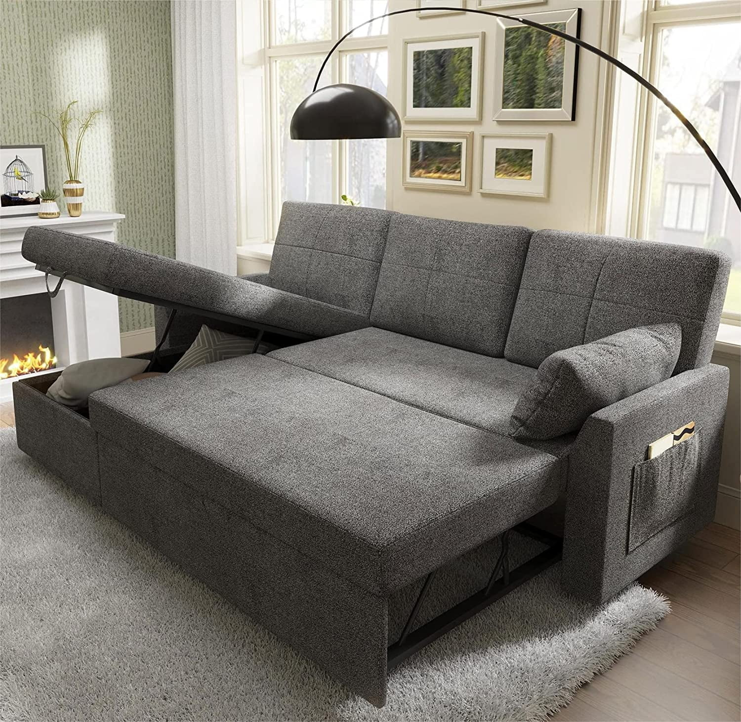 VANACC Sofa Bed, Sleeper Sofa with Storage Chaise-2 in 1 Pull Out Couch Bed for Living Room, Sectional Couch with Pull Out Bed Gray