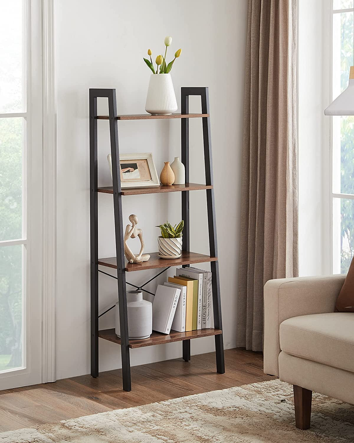 4-Tier Ladder Shelf Ladder Bookshelf Bookcase Storage Rack with Steel Frame Hazelnut Brown and Black