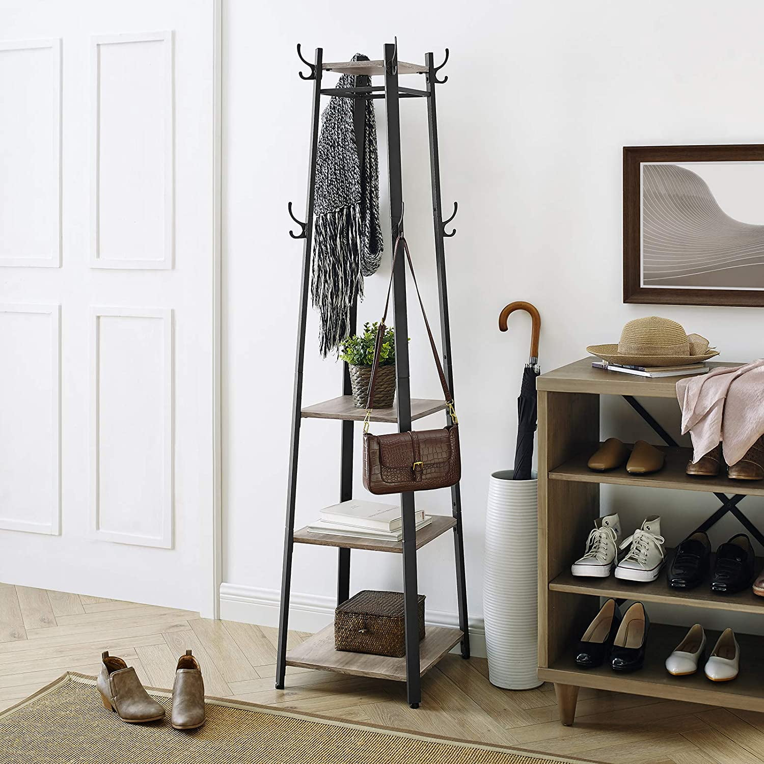 VASAGLE ALINRU Coat Rack with 3 Shelves Stand with Hooks for Scarves Bags and Umbrellas