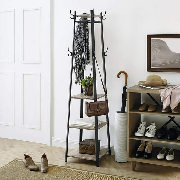VASAGLE ALINRU Coat Rack with 3 Shelves Stand with Hooks for Scarves Bags and Umbrellas